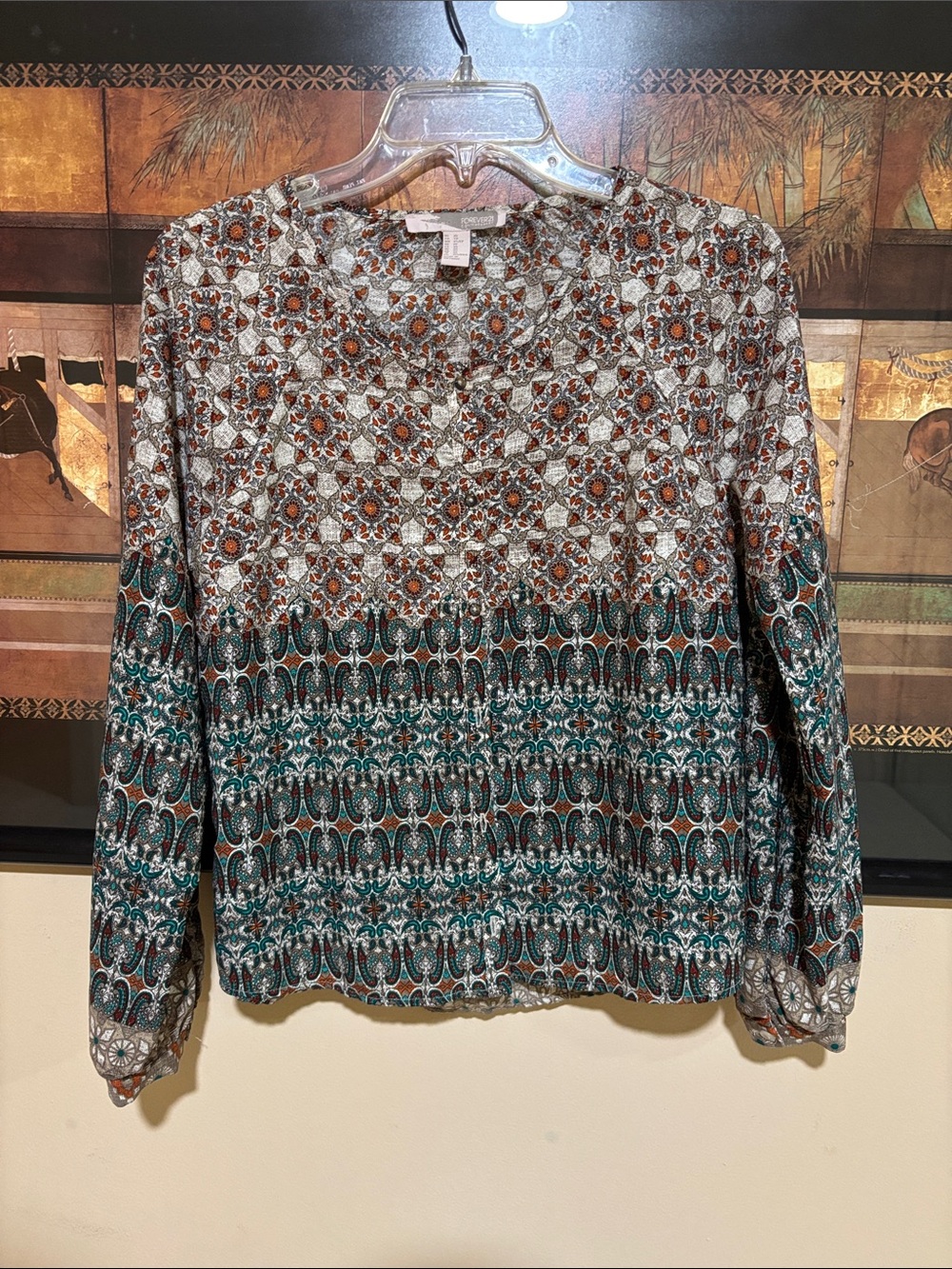 Patterned Long-Sleeve Blouse - Teal & Rust